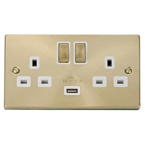 Satin / Brushed Brass 2 Gang 13A DP Ingot 1 USB Twin Double Switched Plug Socket - White Trim - SE Home