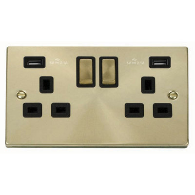 Satin / Brushed Brass 2 Gang 13A DP Ingot 2 USB Twin Double Switched Plug Socket - Black Trim - SE Home Price Comparisons | Compare The Build