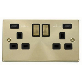 Satin / Brushed Brass 2 Gang 13A DP Ingot 2 USB Twin Double Switched Plug Socket - Black Trim - SE Home
