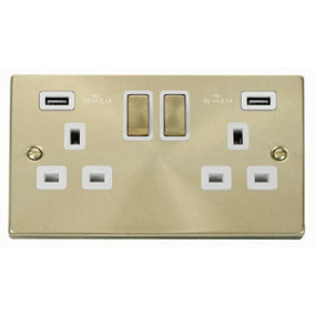 Satin / Brushed Brass 2 Gang 13A DP Ingot 2 USB Twin Double Switched Plug Socket - White Trim - SE Home