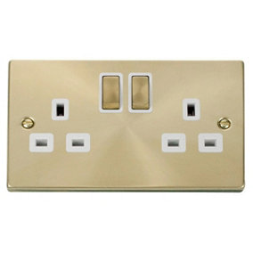 Satin / Brushed Brass 2 Gang 13A DP Ingot Twin Double Switched Plug Socket - White Trim - SE Home