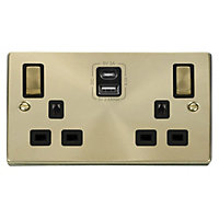 Satin / Brushed Brass 2 Gang 13A DP Ingot Type A & C USB Twin Double Switched Plug Socket - Black Trim - SE Home