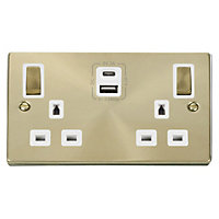 Satin / Brushed Brass 2 Gang 13A DP Ingot Type A & C USB Twin Double Switched Plug Socket - White Trim - SE Home