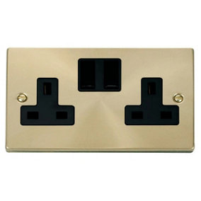 Satin / Brushed Brass 2 Gang 13A Twin Double Switched Plug Socket - Black Trim - SE Home