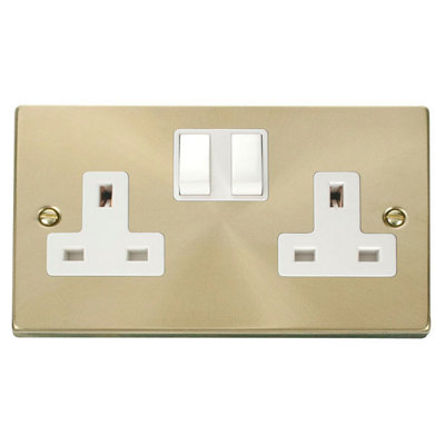 Satin / Brushed Brass 2 Gang 13A Twin Double Switched Plug Socket - White Trim - SE Home