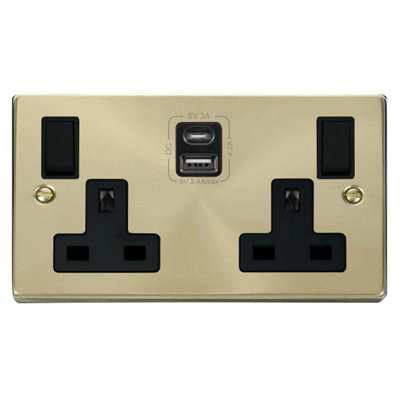 Satin / Brushed Brass 2 Gang 13A Type A & C USB Twin Double Switched Plug Socket - Black Trim - SE Home Price Comparisons | Compare The Build