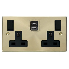 Satin / Brushed Brass 2 Gang 13A Type A & C USB Twin Double Switched Plug Socket - Black Trim - SE Home