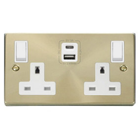 Satin / Brushed Brass 2 Gang 13A Type A & C USB Twin Double Switched Plug Socket - White Trim - SE Home