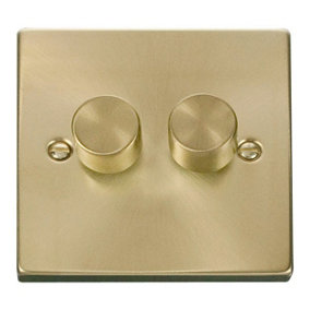 Satin / Brushed Brass 2 Gang 2 Way LED 100W Trailing Edge Dimmer Light Switch - SE Home
