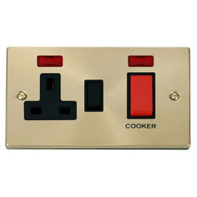 Satin / Brushed Brass Cooker Control 45A With 13A Switched Plug Socket & 2 Neons - Black Trim - SE Home