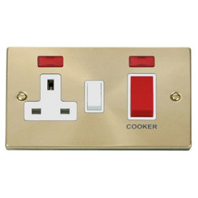 Satin / Brushed Brass Cooker Control 45A With 13A Switched Plug Socket & 2 Neons - White Trim - SE Home