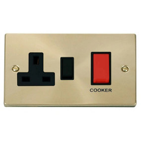 Satin / Brushed Brass Cooker Control 45A With 13A Switched Plug Socket - Black Trim - SE Home