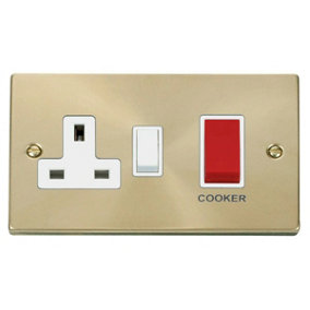 Satin / Brushed Brass Cooker Control 45A With 13A Switched Plug Socket - White Trim - SE Home
