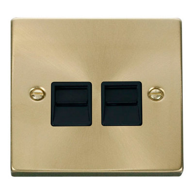 Satin / Brushed Brass Master Telephone Twin Socket - Black Trim - SE Home