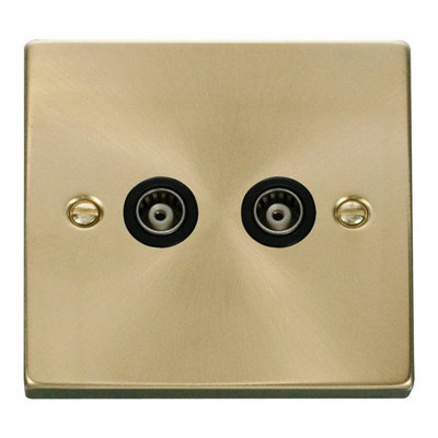 Satin / Brushed Brass Twin Isolated Coaxial Socket - Black Trim - SE Home