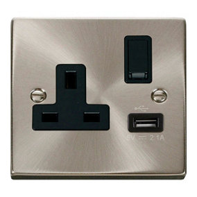 Satin / Brushed Chrome 1 Gang 13A DP 1 USB Switched Plug Socket - Black Trim - SE Home