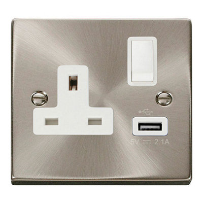 Satin / Brushed Chrome 1 Gang 13A DP 1 USB Switched Plug Socket - White ...
