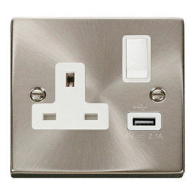Satin / Brushed Chrome 1 Gang 13A DP 1 USB Switched Plug Socket - White Trim - SE Home