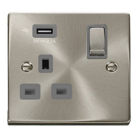 Satin / Brushed Chrome 1 Gang 13A DP Ingot 1 USB Switched Plug Socket - Grey Trim - SE Home