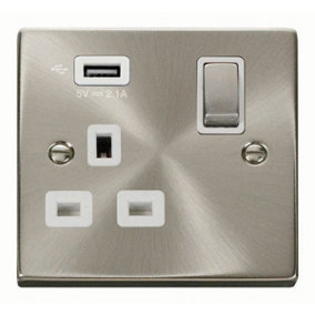 Satin / Brushed Chrome 1 Gang 13A DP Ingot 1 USB Switched Plug Socket - White Trim - SE Home