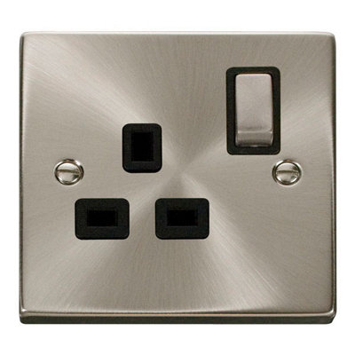 Satin / Brushed Chrome 1 Gang 13A DP Ingot Switched Plug Socket - Black Trim - SE Home