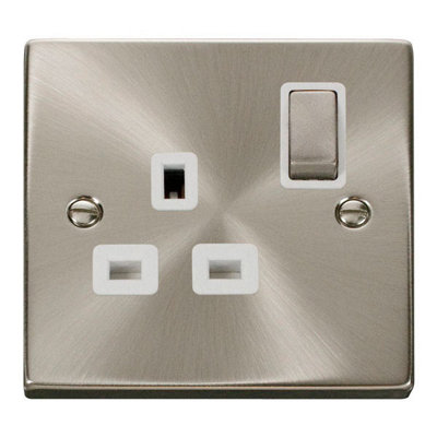 Satin / Brushed Chrome 1 Gang 13A DP Ingot Switched Plug Socket - White Trim - SE Home