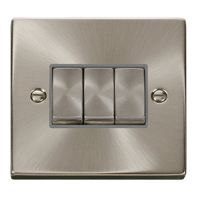 Satin / Brushed Chrome 10A 3 Gang 2 Way Ingot Light Switch - Grey Trim - SE Home