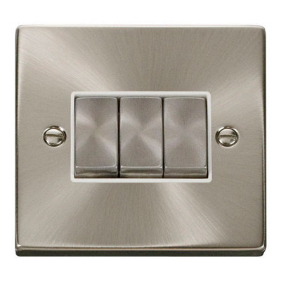 Satin / Brushed Chrome 10A 3 Gang 2 Way Ingot Light Switch - White Trim - SE Home