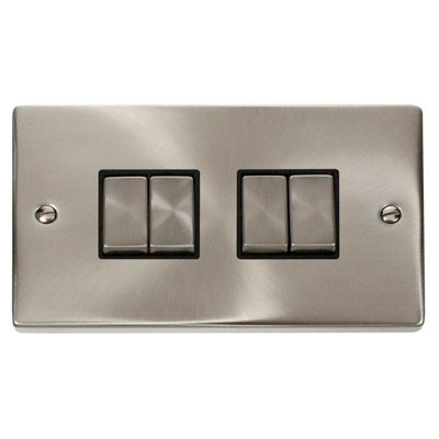 Satin / Brushed Chrome 10A 4 Gang 2 Way Ingot Light Switch - Black Trim - SE Home