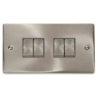 Satin / Brushed Chrome 10A 4 Gang 2 Way Ingot Light Switch - Grey Trim - SE Home