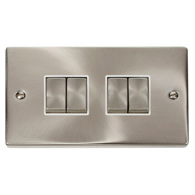 Satin / Brushed Chrome 10A 4 Gang 2 Way Ingot Light Switch - White Trim - SE Home