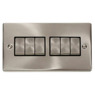 Satin / Brushed Chrome 10A 6 Gang 2 Way Ingot Light Switch - Black Trim - SE Home