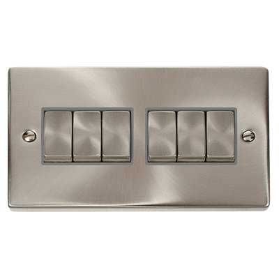 Satin / Brushed Chrome 10A 6 Gang 2 Way Ingot Light Switch - Grey Trim - SE Home