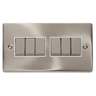 Satin / Brushed Chrome 10A 6 Gang 2 Way Ingot Light Switch - White Trim - SE Home