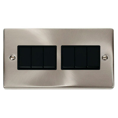 Satin / Brushed Chrome 10A 6 Gang 2 Way Light Switch - Black Trim - SE Home