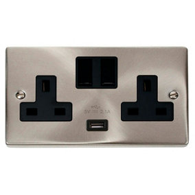 Satin / Brushed Chrome 2 Gang 13A 1 USB Twin Double Switched Plug Socket - Black Trim - SE Home