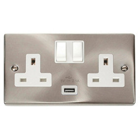 Satin / Brushed Chrome 2 Gang 13A 1 USB Twin Double Switched Plug Socket - White Trim - SE Home