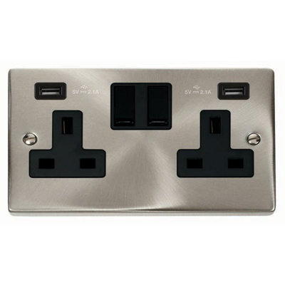 Satin / Brushed Chrome 2 Gang 13A 2 USB Twin Double Switched Plug ...