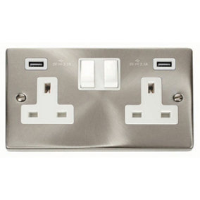 Satin / Brushed Chrome 2 Gang 13A 2 USB Twin Double Switched Plug Socket - White Trim - SE Home