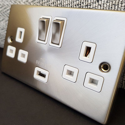 Satin / Brushed Chrome 2 Gang 13A 2 USB Twin Double Switched Plug Socket - White Trim - SE Home