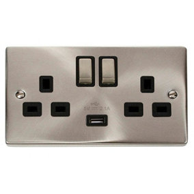 Satin / Brushed Chrome 2 Gang 13A DP Ingot 1 USB Twin Double Switched Plug Socket - Black Trim - SE Home