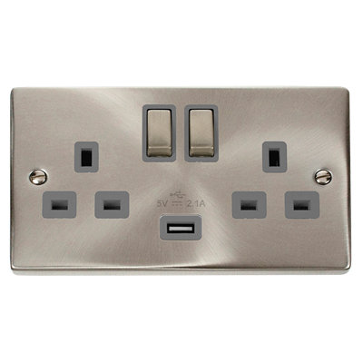 Satin / Brushed Chrome 2 Gang 13A DP Ingot 1 USB Twin Double Switched Plug Socket - Grey Trim - SE Home Price Comparisons | Compare The Build