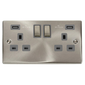 Satin / Brushed Chrome 2 Gang 13A DP Ingot 2 USB Twin Double Switched Plug Socket - Grey Trim - SE Home