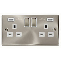 Satin / Brushed Chrome 2 Gang 13A DP Ingot 2 USB Twin Double Switched Plug Socket - White Trim - SE Home