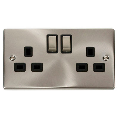 Satin / Brushed Chrome 2 Gang 13A DP Ingot Twin Double Switched Plug Socket - Black Trim - SE Home