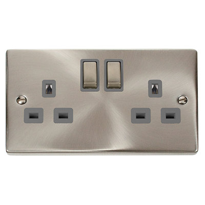 Satin / Brushed Chrome 2 Gang 13A DP Ingot Twin Double Switched Plug Socket - Grey Trim - SE Home