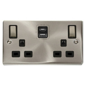Satin / Brushed Chrome 2 Gang 13A DP Ingot Type A & C USB Twin Double Switched Plug Socket - Black Trim - SE Home