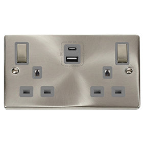 Satin / Brushed Chrome 2 Gang 13A DP Ingot Type A & C USB Twin Double Switched Plug Socket - Grey Trim - SE Home