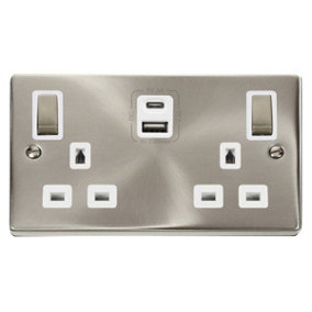 Satin / Brushed Chrome 2 Gang 13A DP Ingot Type A & C USB Twin Double Switched Plug Socket - White Trim - SE Home