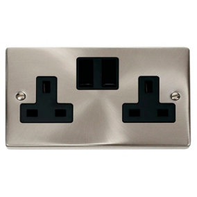 Satin / Brushed Chrome 2 Gang 13A Twin Double Switched Plug Socket - Black Trim - SE Home
